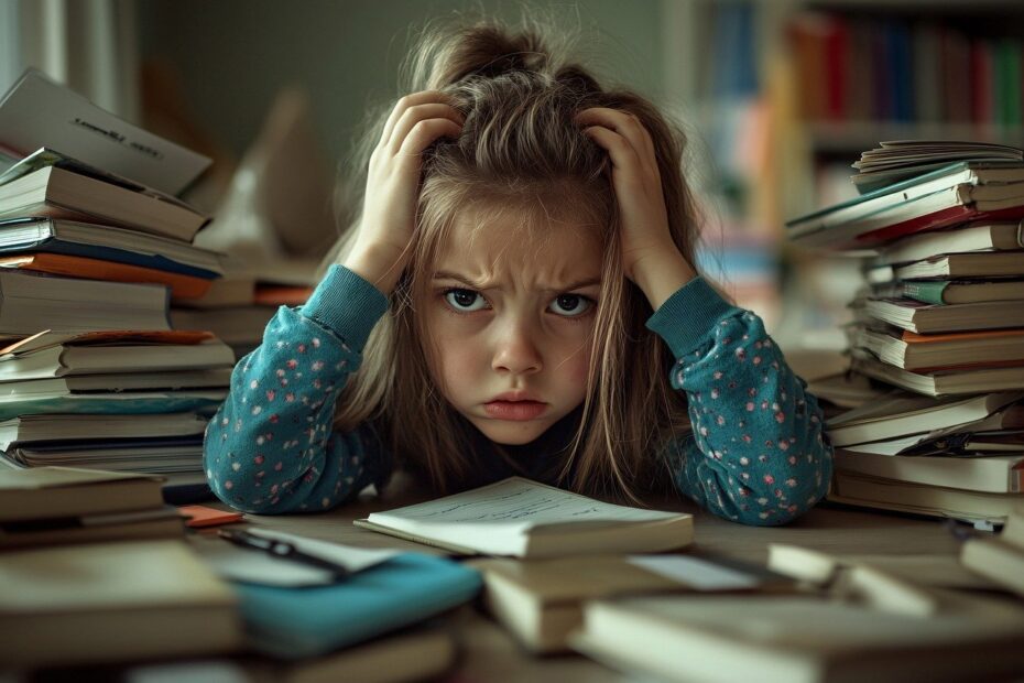 Blond haired girl surrounded by books and holding her head with a furrowed brow